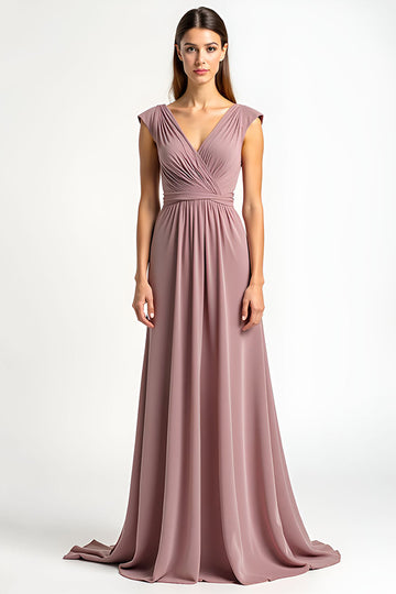 Dusty Rose A-Line Wrap V-Neck Pleated Chiffon Mother of the Bride Dress